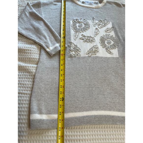 VTG Enrika Knit Boho Grandma Core Floral Funnel Neck Summer Sweater Gray Large - Picture 6 of 7